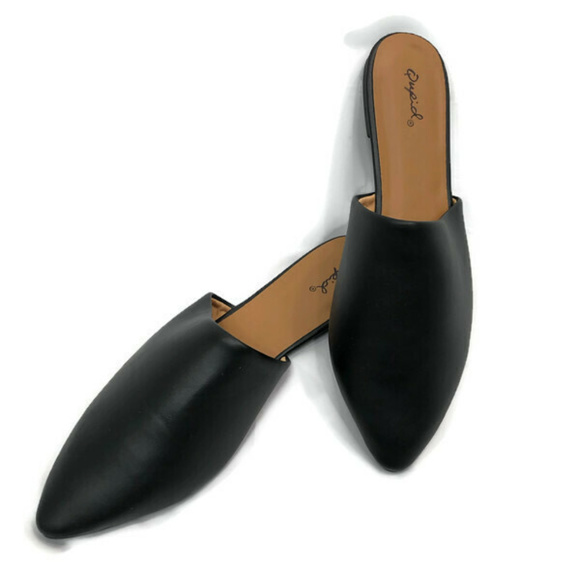 Qupid Shoes - Black Faux Leather Pointed Slip On Mules NEW